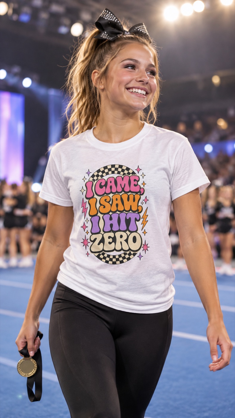 Athlete wearing the Hit Zero cheer shirt