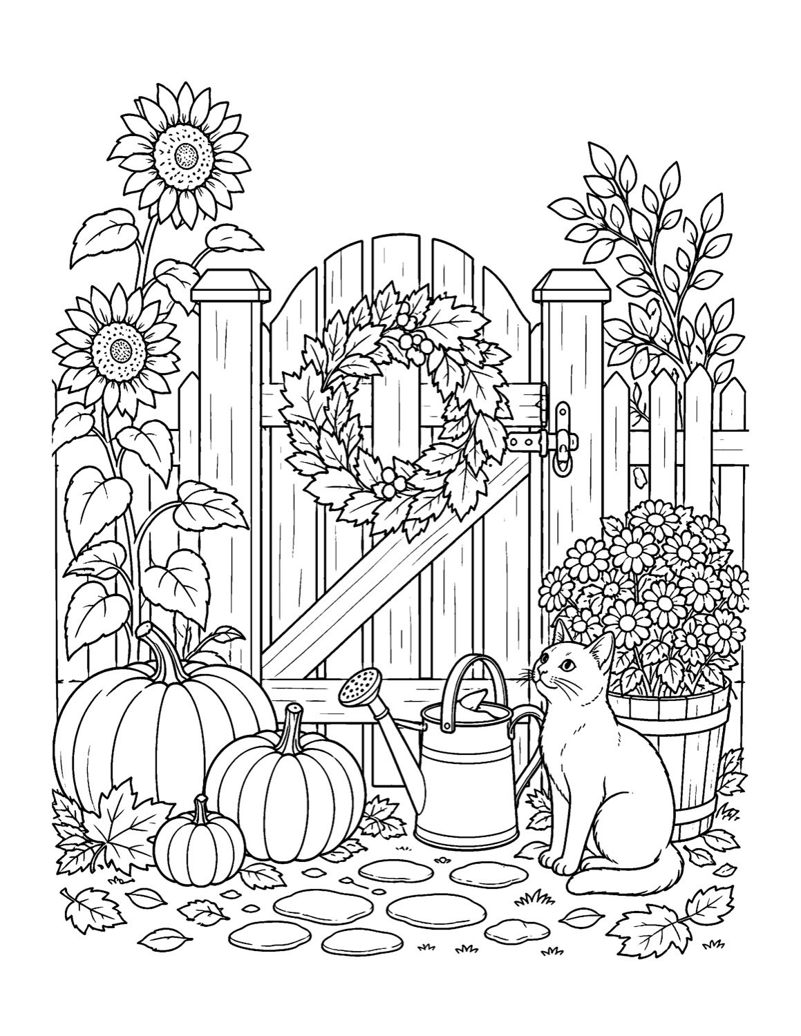 Original black-and-white garden coloring page with pumpkins, flowers, a cat and a wreath on a wooden gate